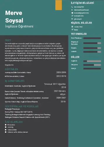 Yabancı Dil Öğretmeni Cv Örnekleri cv indir